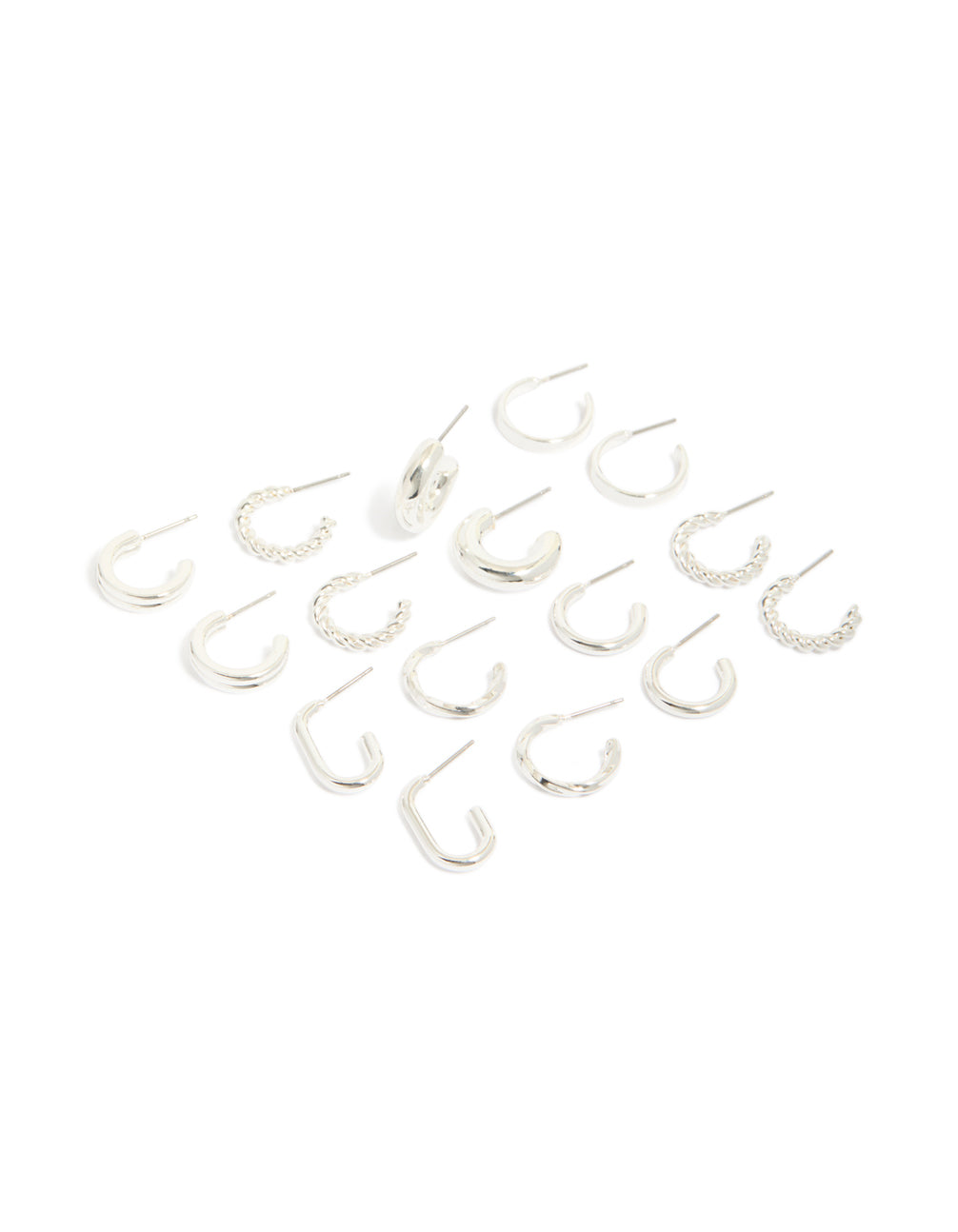 Silver Twist & Rectangle Hoop Earrings 8-Pack