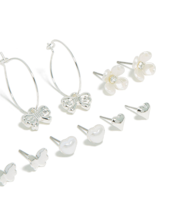Silver Bee & Pearlised Flower Earrings 8-Pack