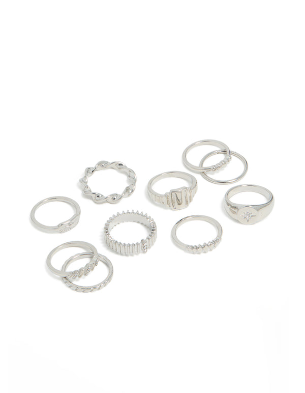 Silver Signet Ribbed & Twisted Rings 10-Pack