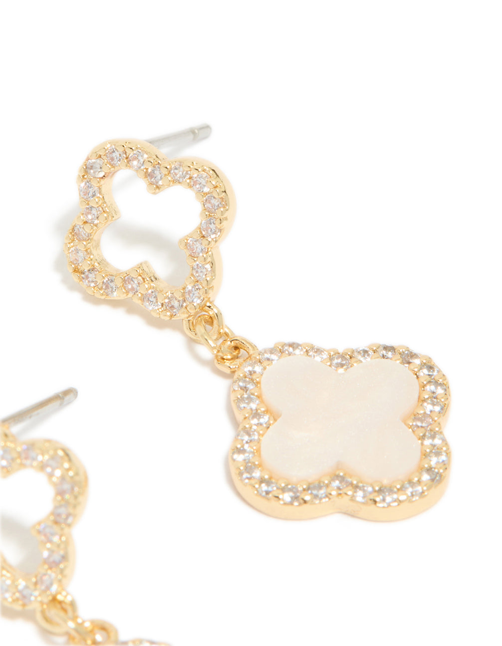 Highlighting the gold plated floral earrings with cubic zirconia in pink inlay post detail view