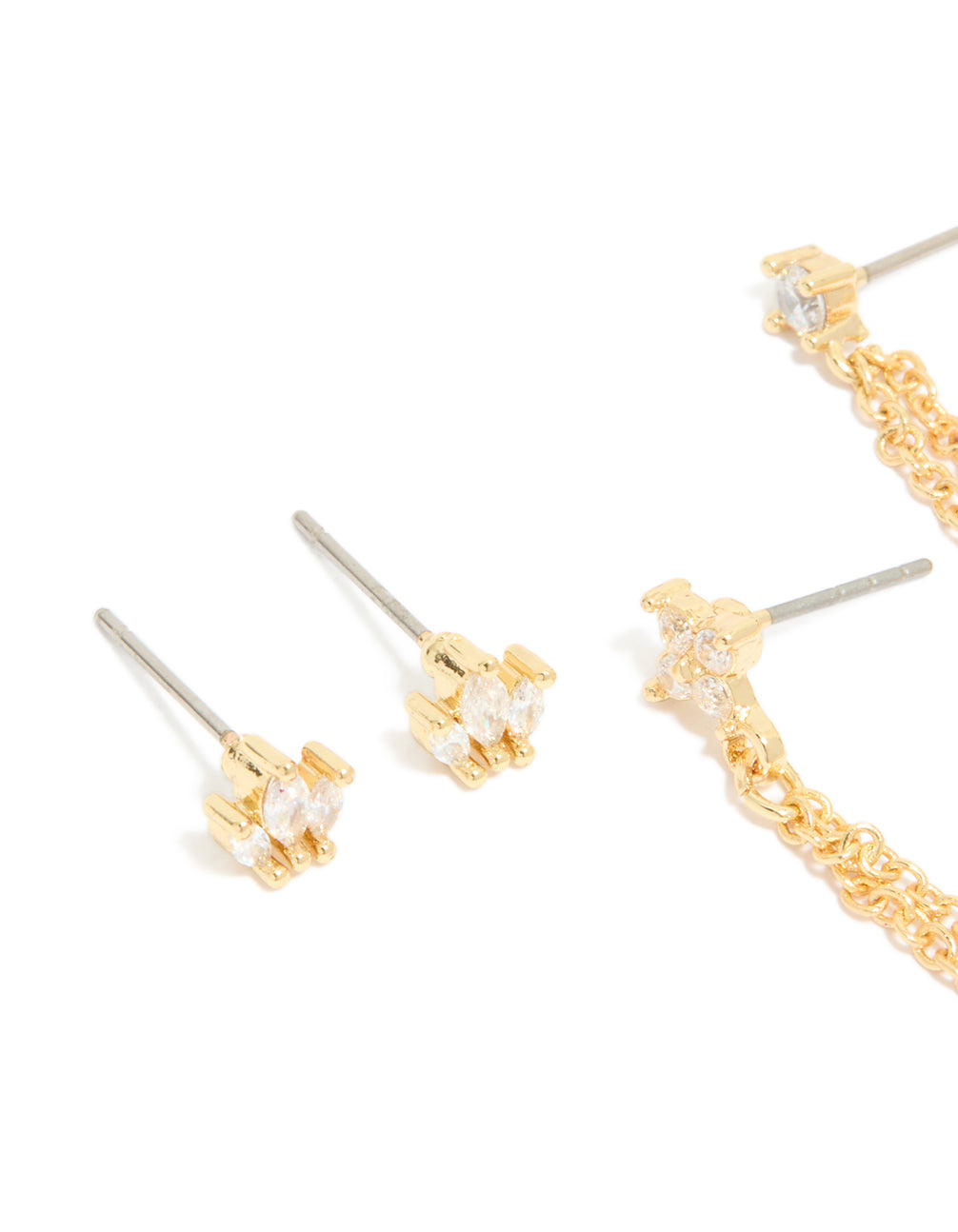 Gold Plated Cubic Zirconia Double Chain & Stud Stacker Earrings 3-Pack