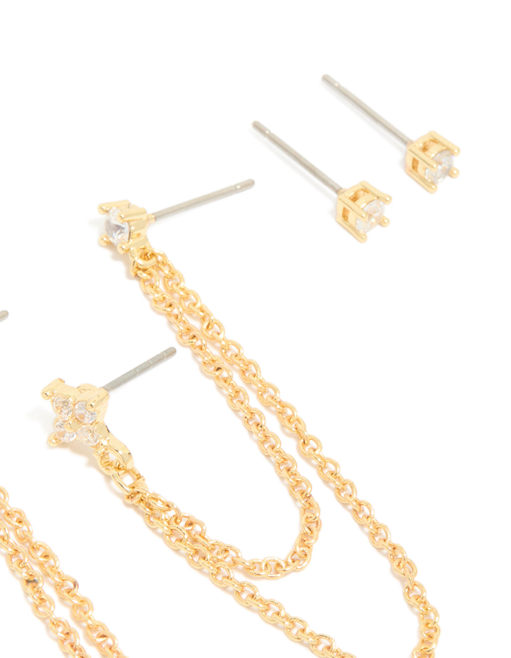 Gold Plated Cubic Zirconia Double Chain & Stud Stacker Earrings 3-Pack
