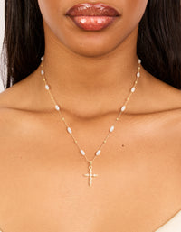 Gold Plated Cubic Zirconia Cross & Pearl Necklace - link has visual effect only