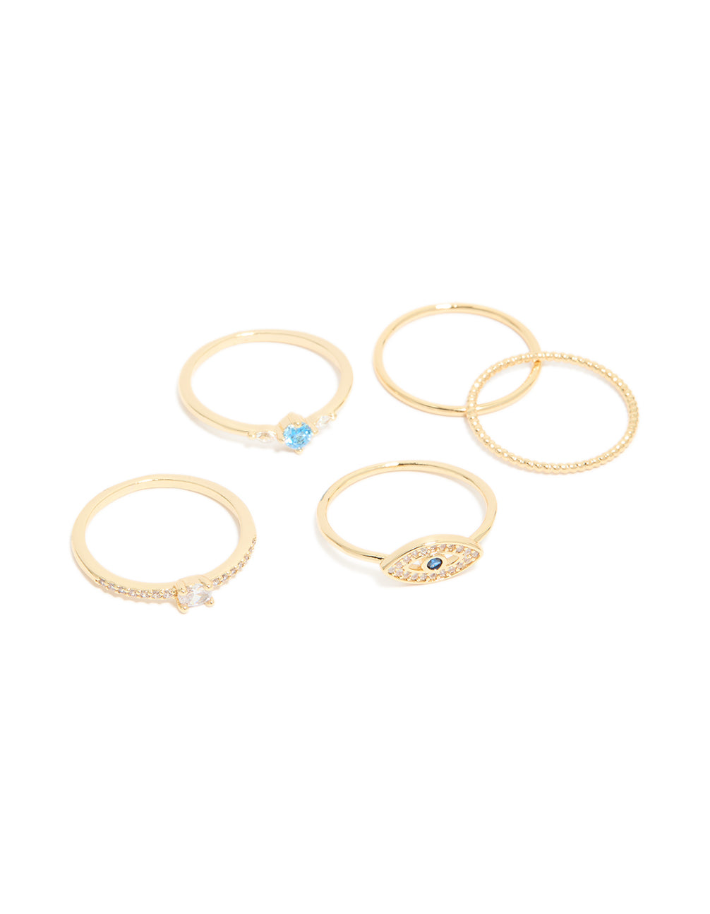 Discover this gold plated cubic zirconia and evil eye rings 5-pack featuring with crystal accents front view