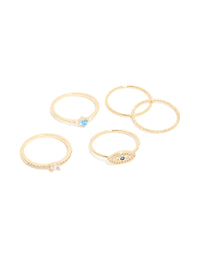 Discover this gold plated cubic zirconia and evil eye rings 5-pack featuring with crystal accents front view - link has visual effect only