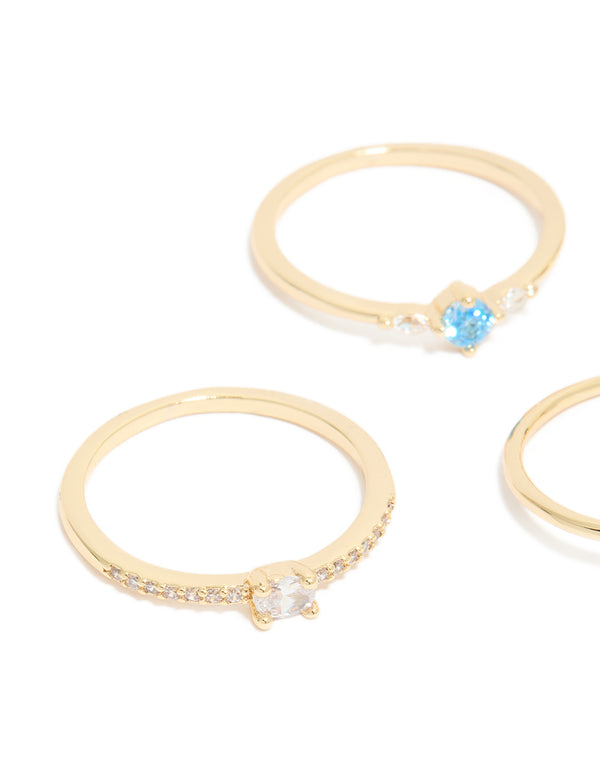 Crafted from gold plated material, these cubic zirconia and evil eye rings 5-pack showcase crystal accents detail view