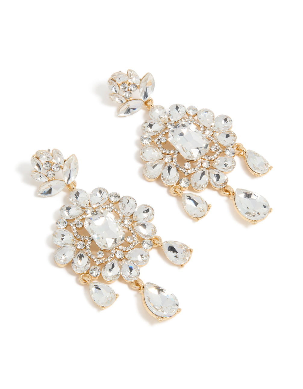 Showcasing statement drop earrings in gold with clear diamante design front view