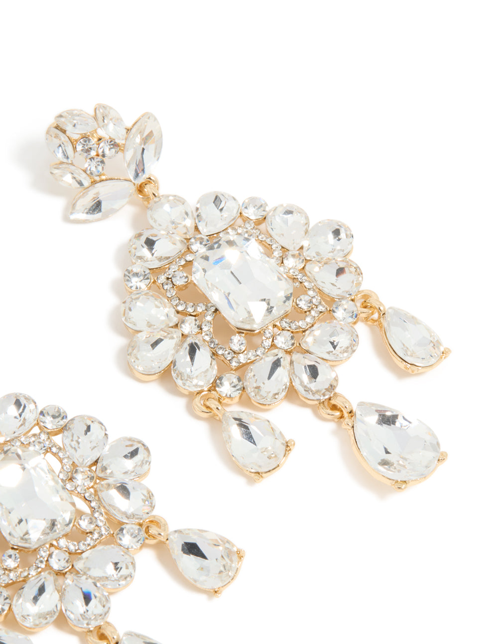 Elegantly designed statement drop earrings in gold with clear diamante post detail view