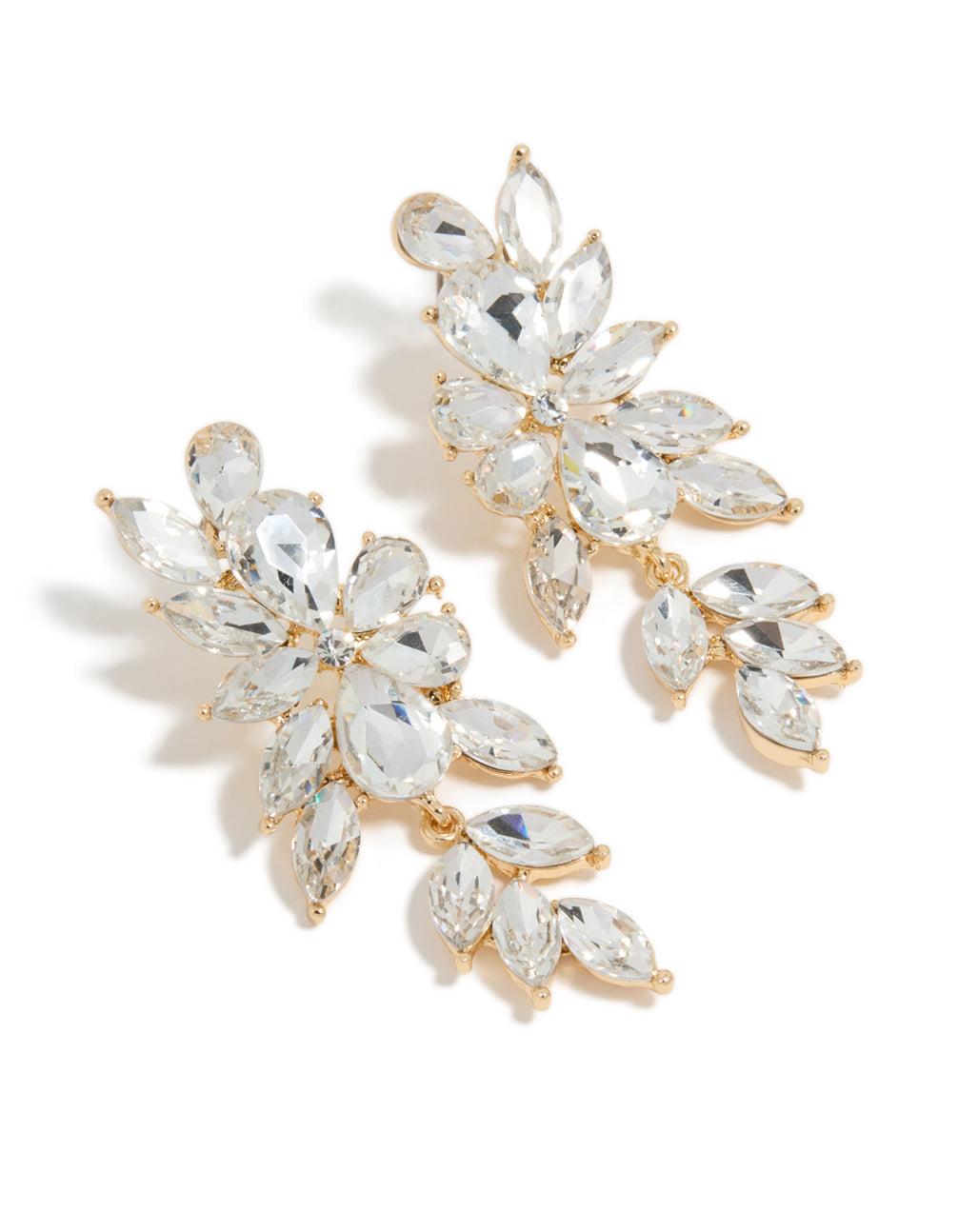 Showcasing gold diamante chunky floral drop earrings featuring statement style front view