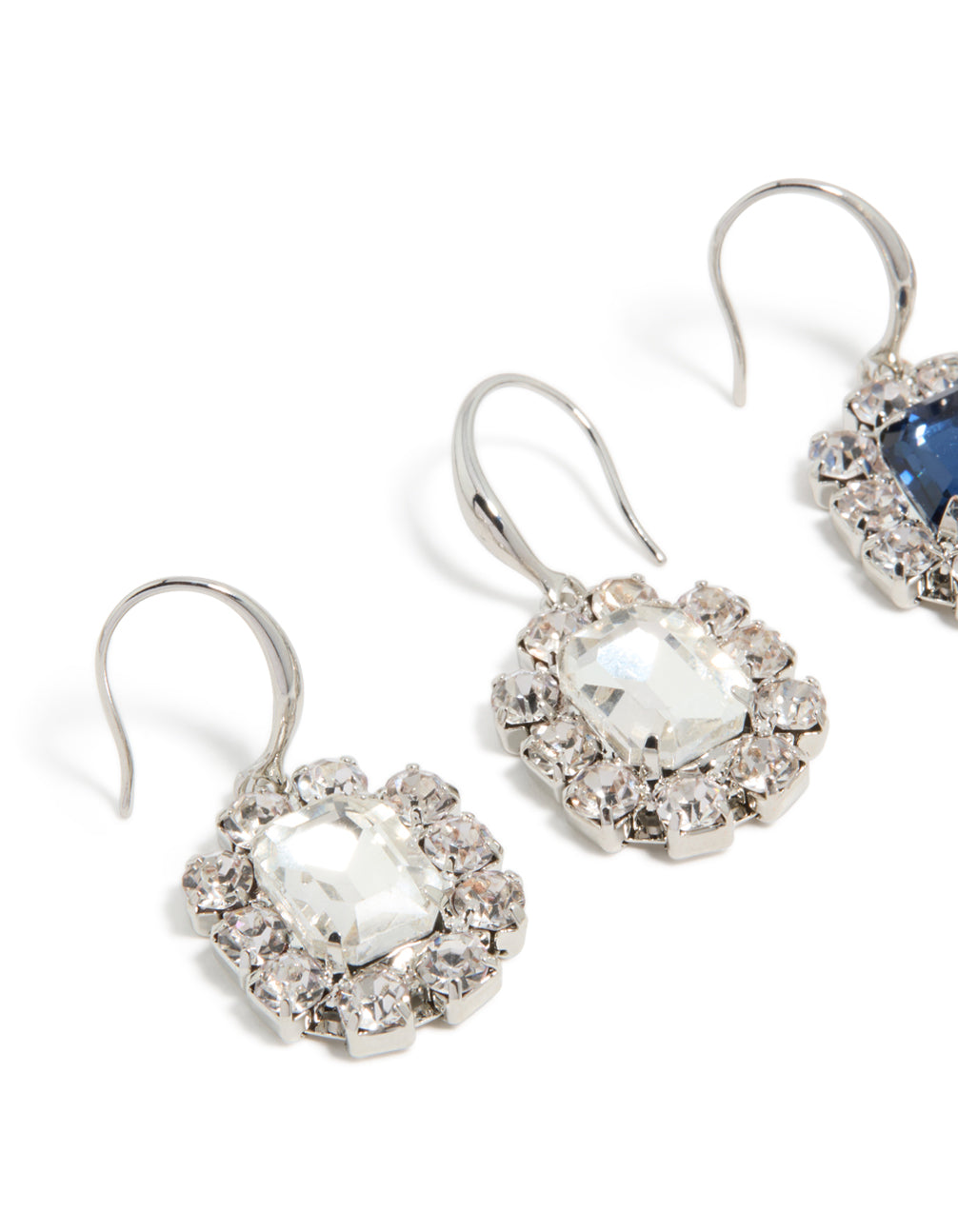 Featuring silver clear and blue diamante hook earrings 2-pack in royal blue close up view