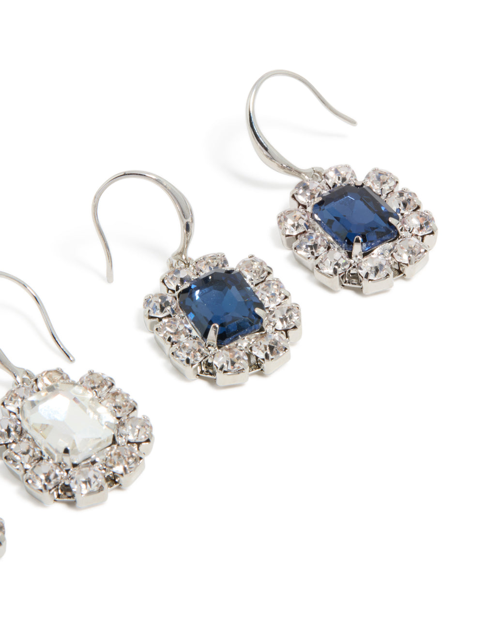 Designed with silver clear and blue diamante hook earrings 2-pack featuring royal blue and clear stones post detail view