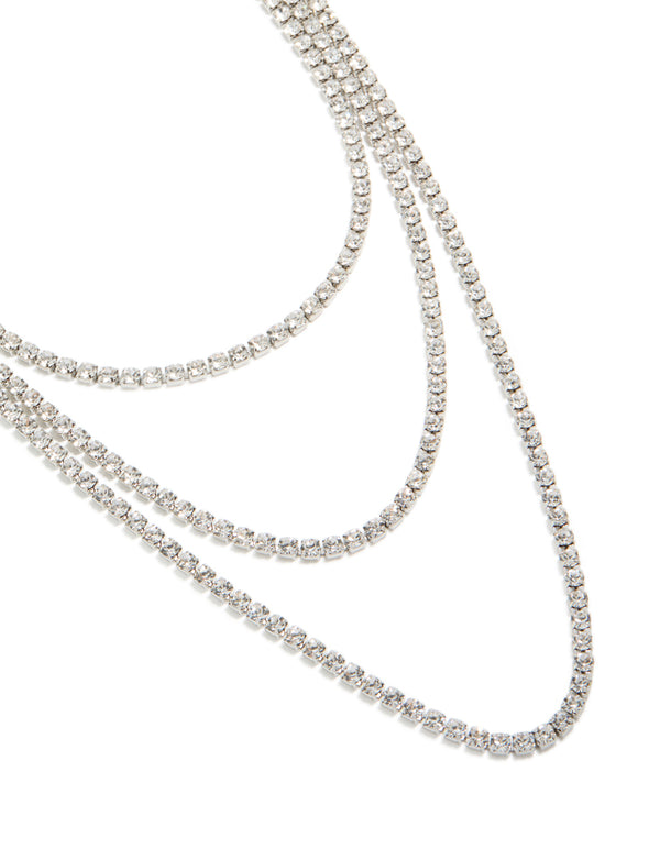 Silver Diamante Tennis Triple Layered Necklace