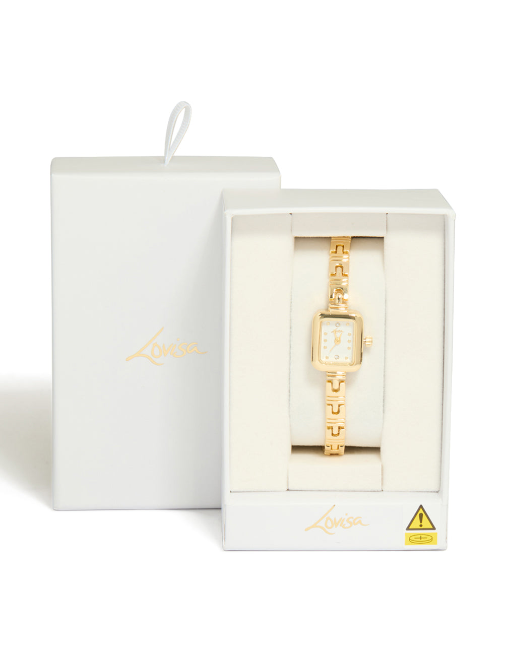 Elegant gold Egyptian link mini watch featuring a white rectangle dial, crafted for women in a dainty casual analog style case detail view