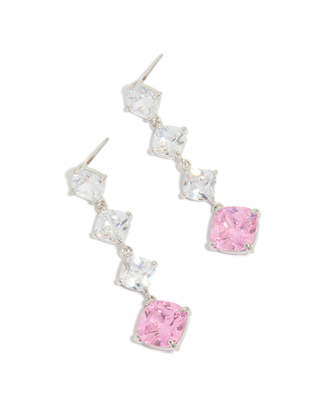 Silver Pink Cubic Zirconia Rhombus Drop Earrings