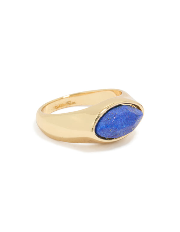 Crafted from gold plated material, this chunky ring with blue and white moody stone side detail view
