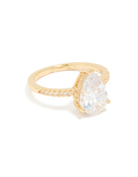Gold Plated Solitaire Pear Cubic Zirconia Textured Ring - link has visual effect only