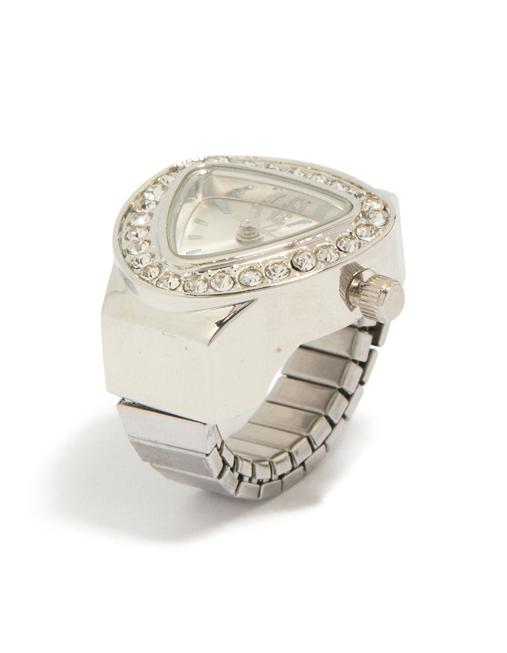 Elegant statement watch ring with stone look dial in grey, analog type, casual occasion, link band strap in silver for women front view