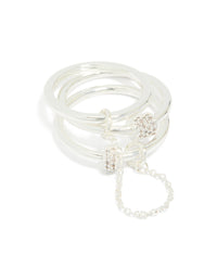Silver Plated Cubic Zirconia Loop Linked Stacking Ring Set - link has visual effect only