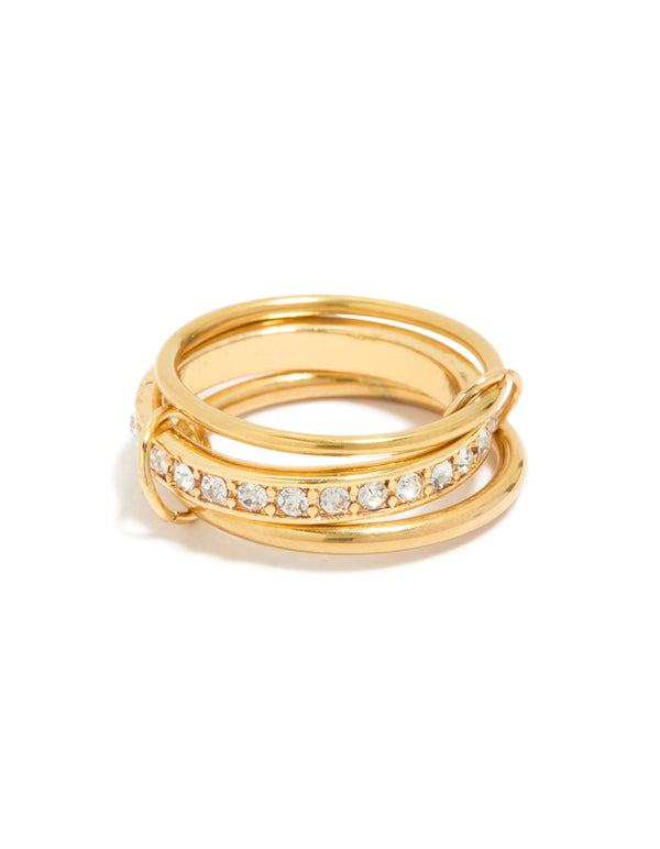 Discover a waterproof gold plated stainless steel mini loop stacking ring featuring cubic zirconia crystals and statement style front view