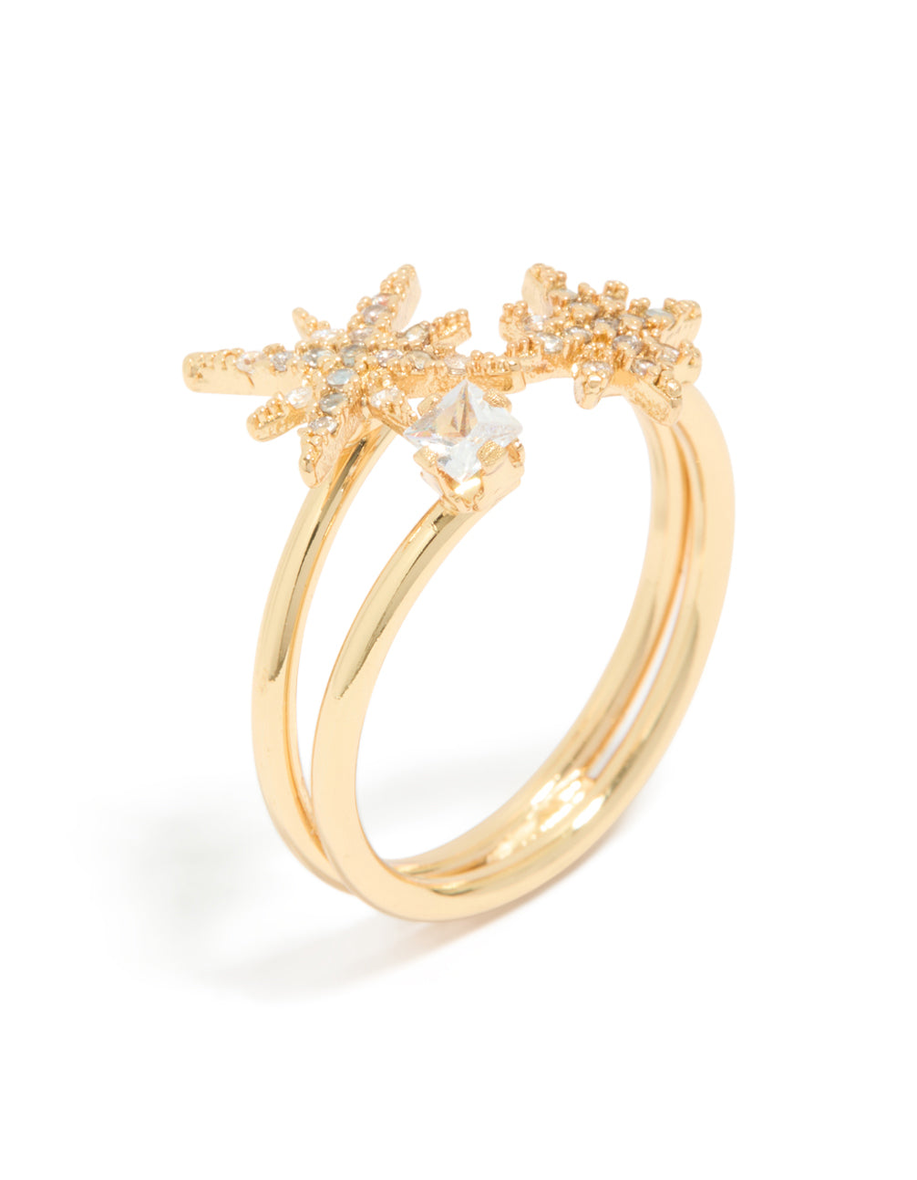 Displaying a celestial layered ring with star features crafted from gold plated material and diamante stones in a statement style front view