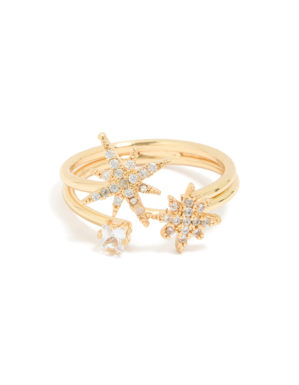 Presenting a celestial layered ring with star features crafted from gold plated material and diamante stones in a statement style side detail view