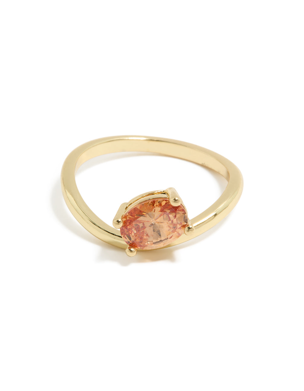 Featuring a gold plated peach cubic zirconia ring with solitaire cut side detail view