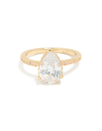 Beautiful statement ring in gold plated crystal with solitaire pear cubic zirconia front view - link has visual effect only