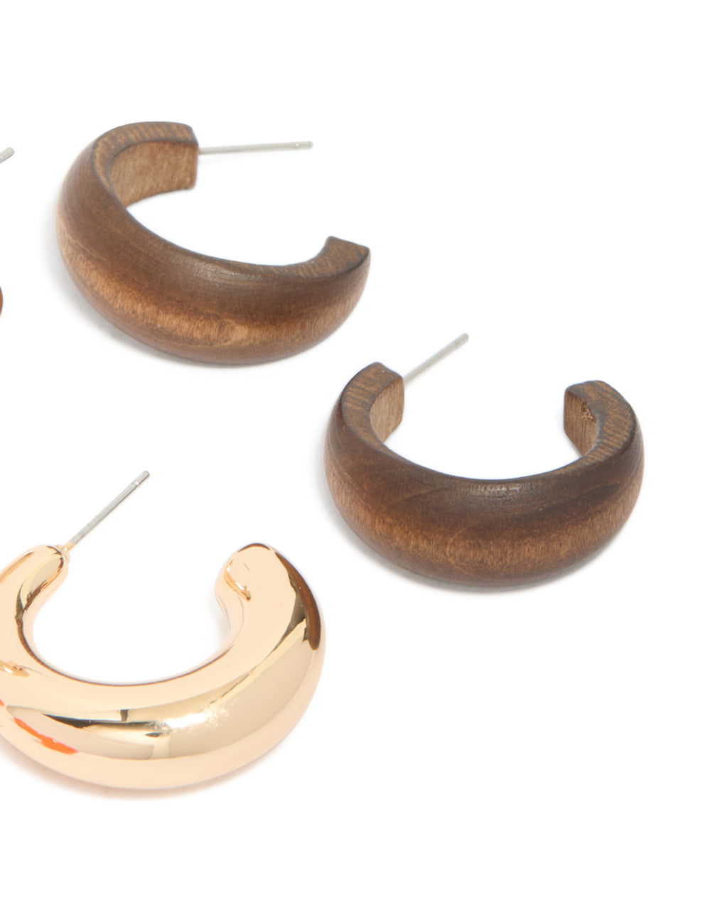Gold Orange Acrylic & Wood Hoop Earrings 3-Pack