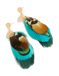 Featuring statement feather drop earrings in gold, turquoise, and brown tones front view - link has visual effect only