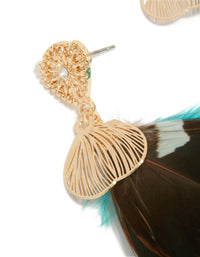 Showcasing statement feather drop earrings in gold with turquoise and brown accents close up view - link has visual effect only