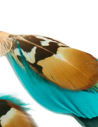 Designed with statement feather, these drop earrings in gold, turquoise, and brown post detail view - link has visual effect only