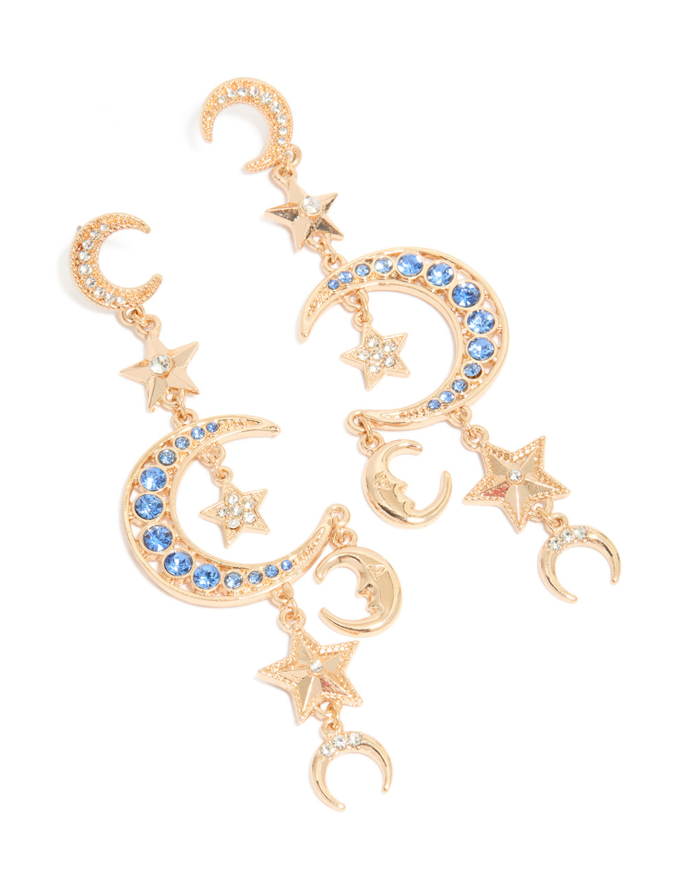 Gold Blue Diamante Celestial Moon & Star Drop Earrings