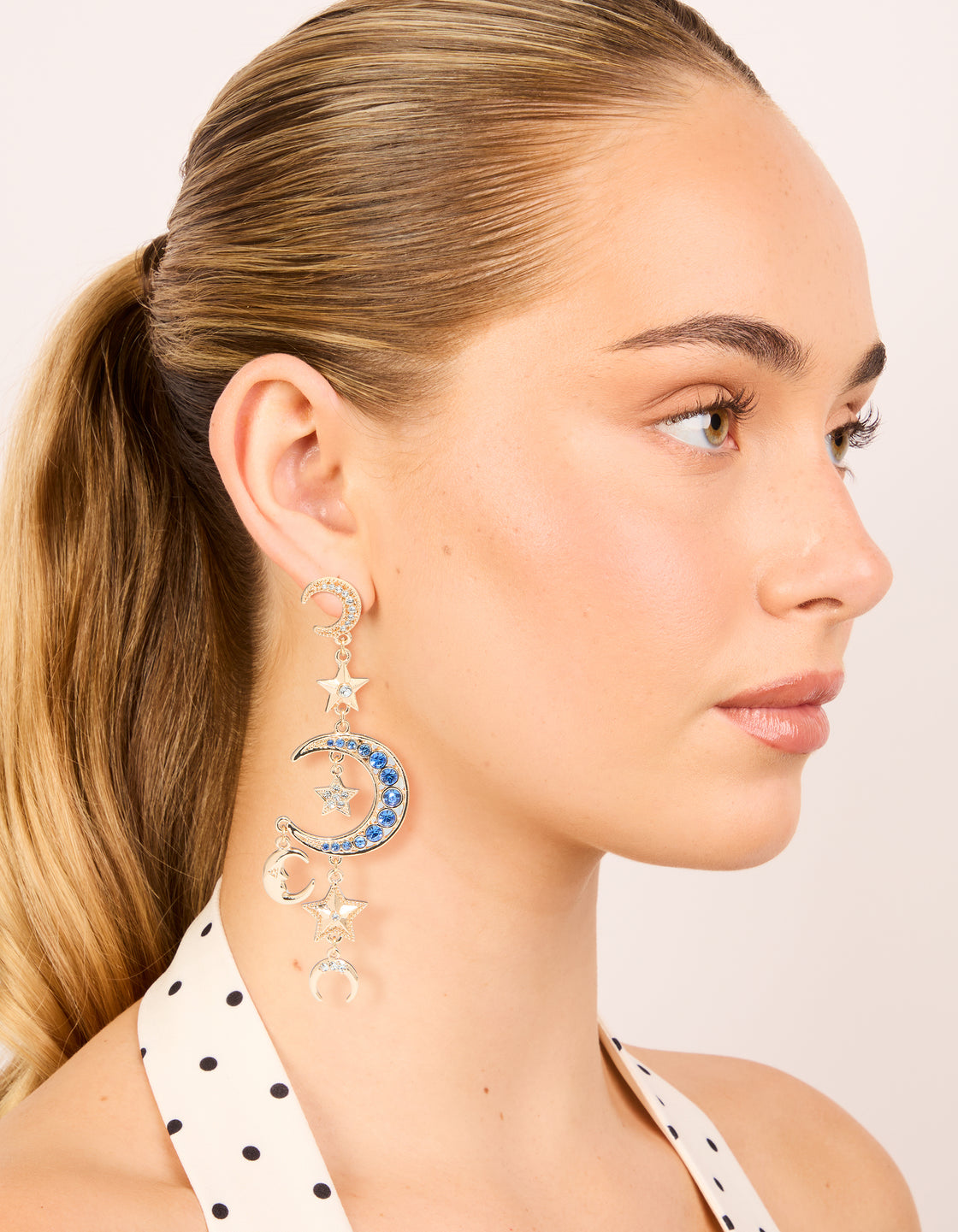 Gold Blue Diamante Celestial Moon & Star Drop Earrings