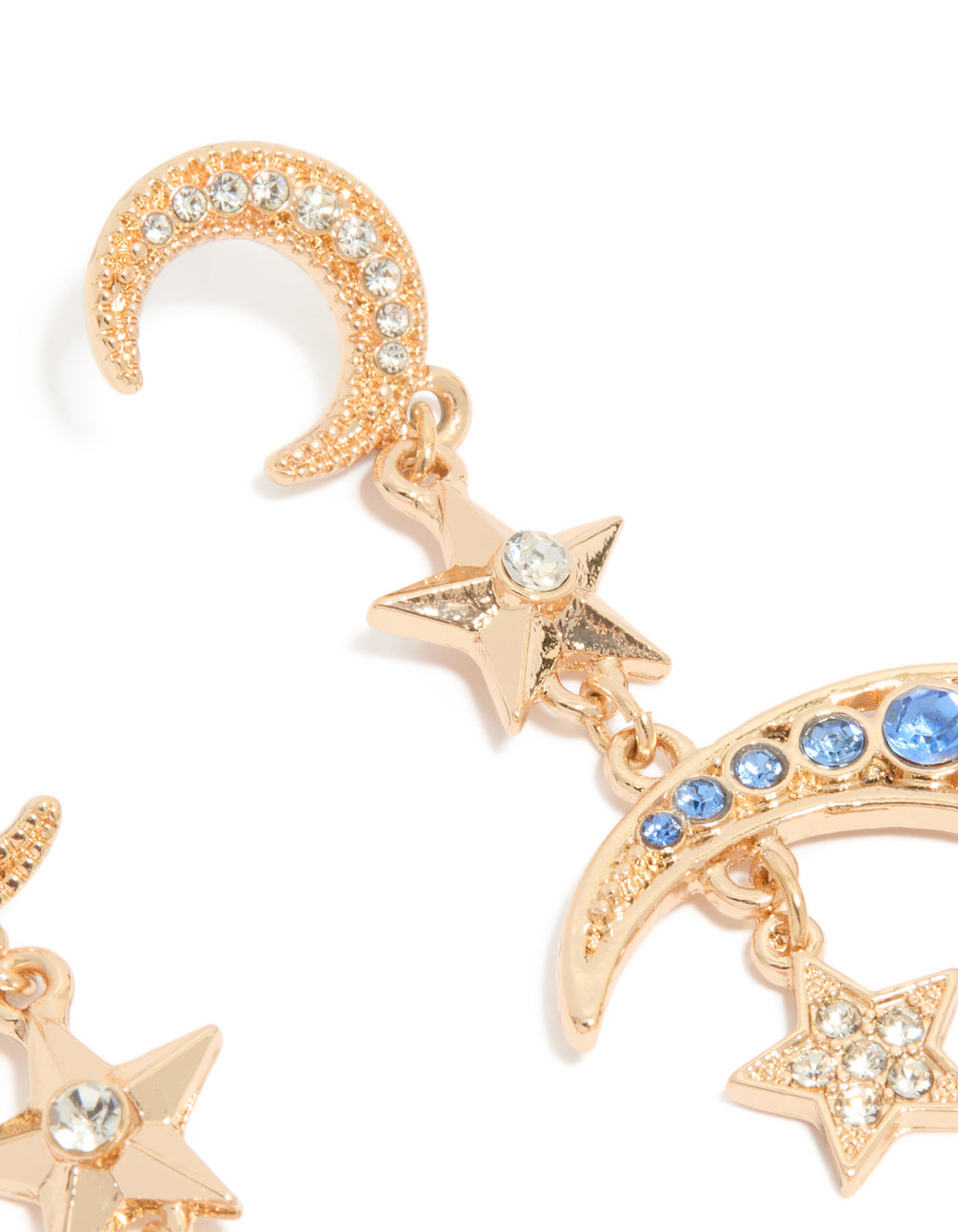 Gold Blue Diamante Celestial Moon & Star Drop Earrings