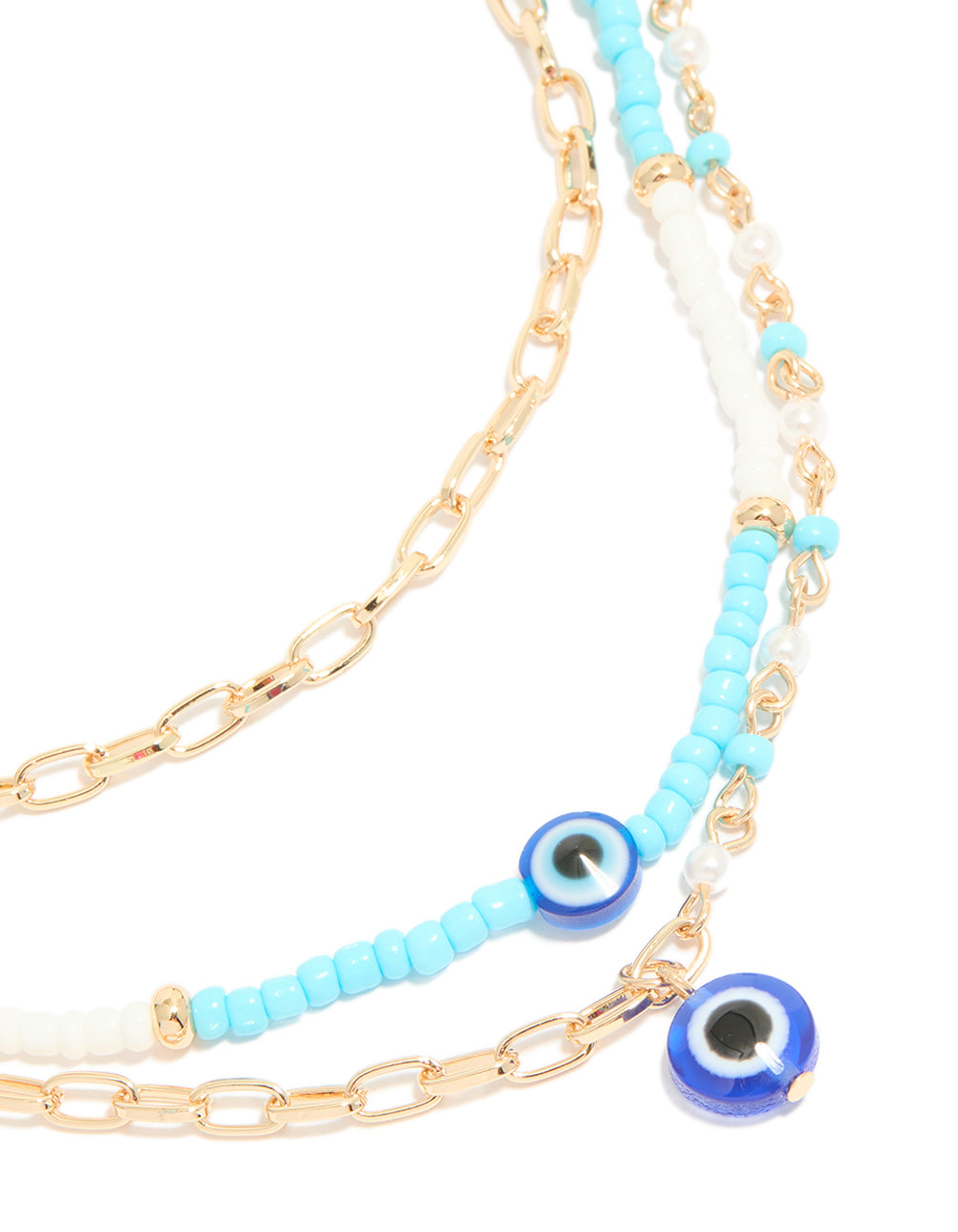 Gold Blue  Beaded Evil Eye Triple Layered Necklace