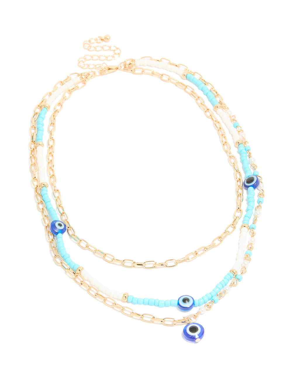 Gold Blue  Beaded Evil Eye Triple Layered Necklace