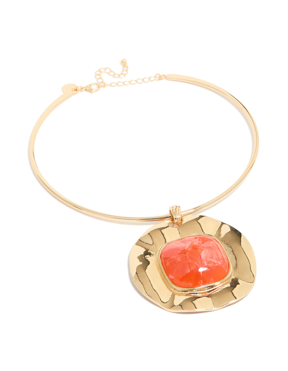 Presenting a gold orange pendant choker torque necklace with statement detailing front view