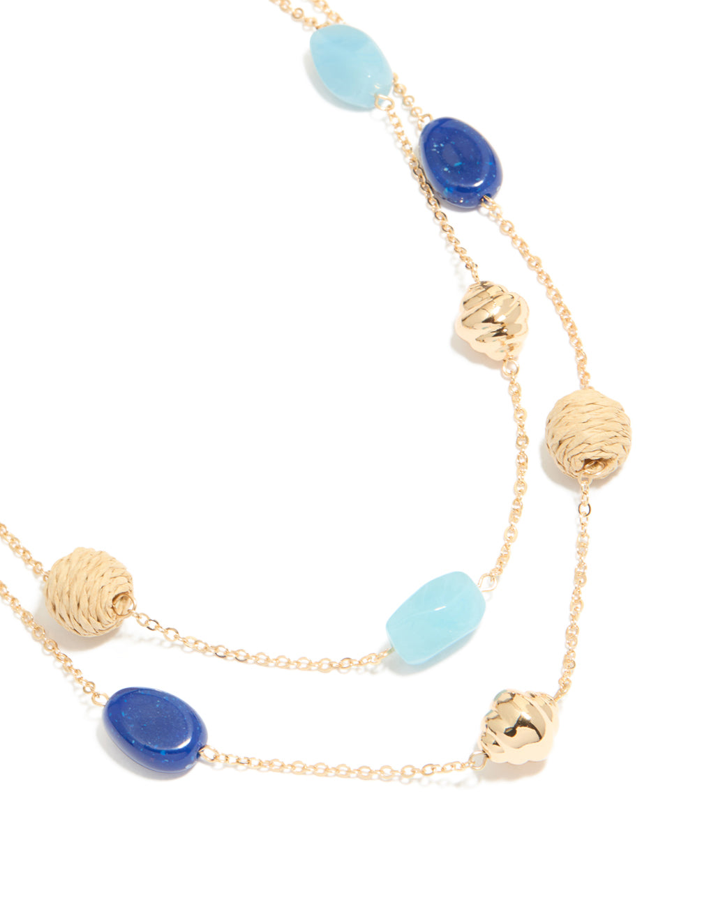 Gold Blue & Raffia Beaded Layered Necklace