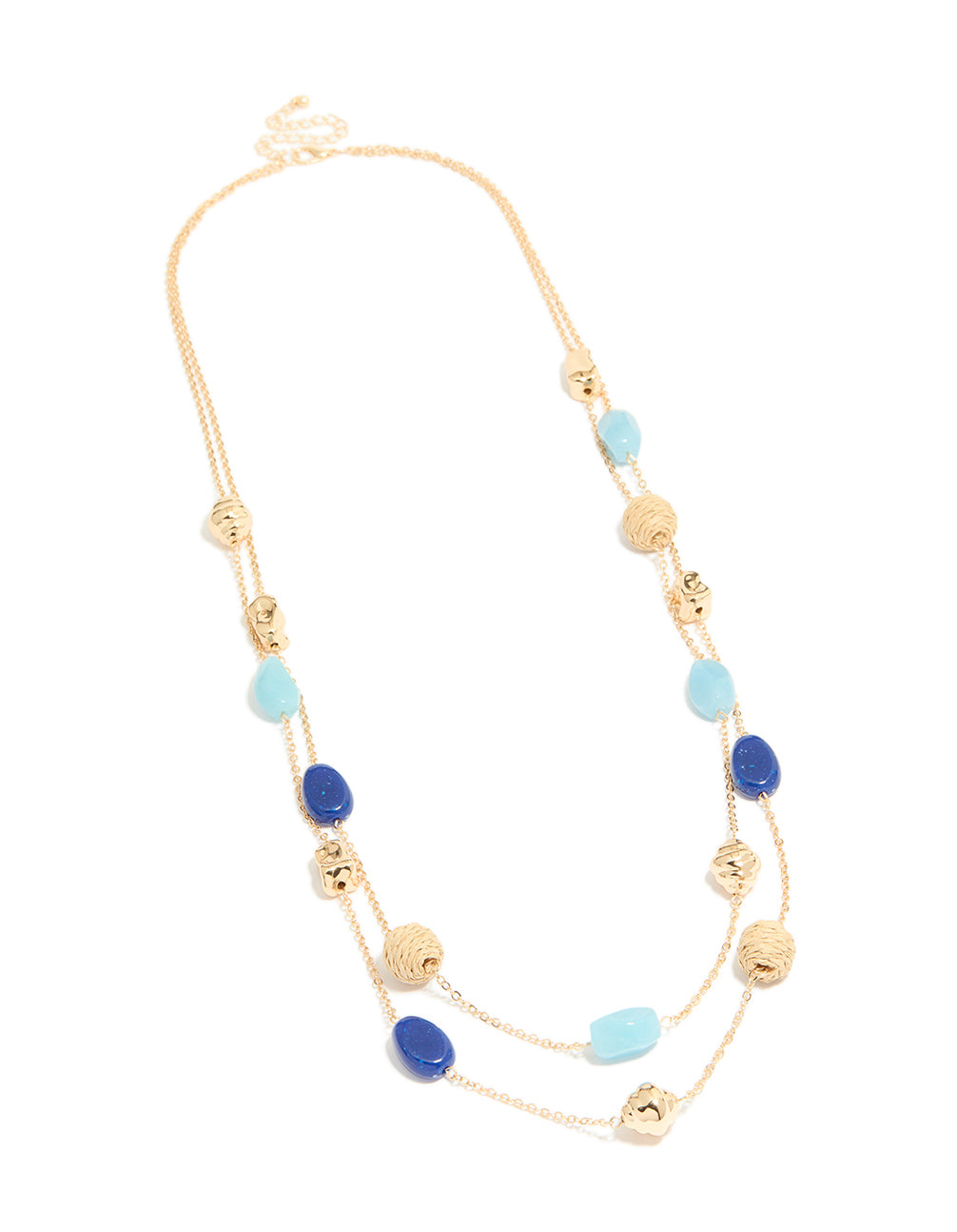 Gold Blue & Raffia Beaded Layered Necklace