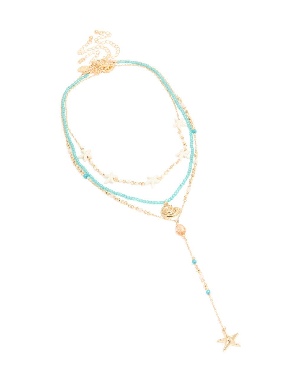 Gold Blue Beaded Shell & Starfish Layered Y-Necklace