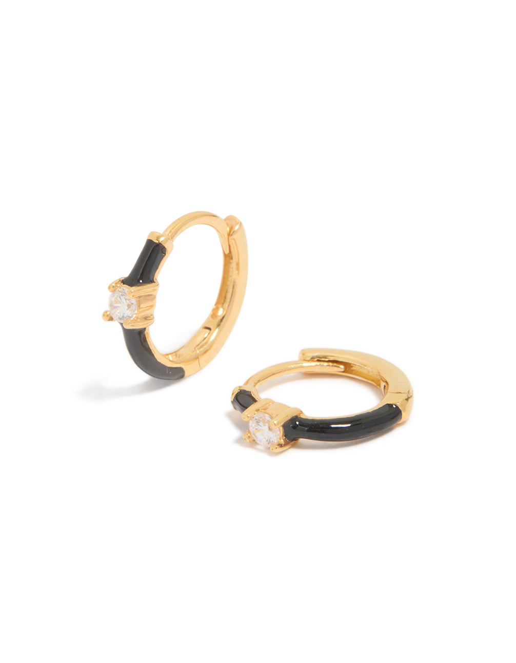 Gold Plated Sterling Silver Cubic Zirconia & Black  Enamel Huggie Earrings