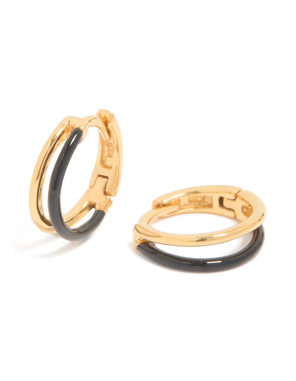 Gold Plated Sterling Silver & Black Enamel Double Hoop Earrings