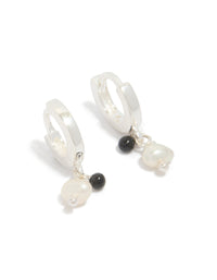 Sterling Silver Pearl & Black Stone Drop Huggie Earrings - link has visual effect only