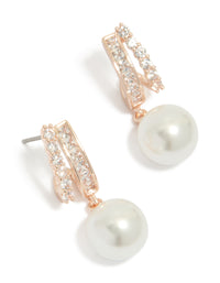 Showcasing rose gold plated cubic zirconia illusion pearl drop earrings with hoop closure in ivory front view - link has visual effect only
