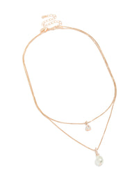 Showcasing rose gold plated double layered necklace with cubic zirconia and pearl front view - link has visual effect only