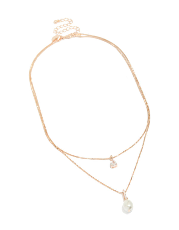Showcasing rose gold plated double layered necklace with cubic zirconia and pearl front view