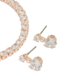 Rose Gold Plated Round Cubic Zirconia Drop Earrings & Tennis Bracelet Set - link has visual effect only