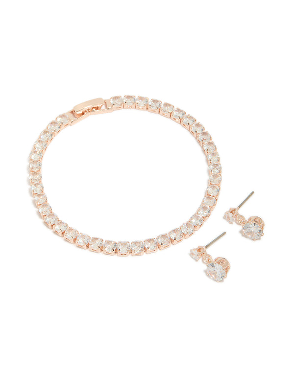 Rose Gold Plated Round Cubic Zirconia Drop Earrings & Tennis Bracelet Set