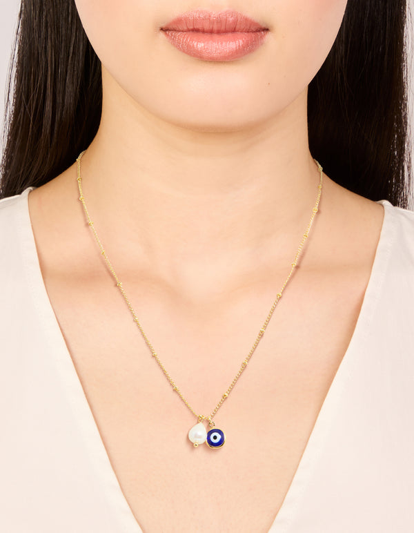 Gold Plated Brass Pearl & Evil Eye Pendant Necklace