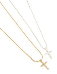 Discover mixed metal plated brass cubic zirconia cross pendant necklaces in gold and silver 2-pack close up view - link has visual effect only